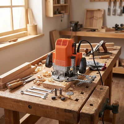 Défonceuse orange sur établi de menuisier
