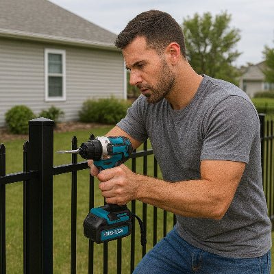 Perceuse et visseuse sans fil utilisée pour l'installation d'une clÎture en métal