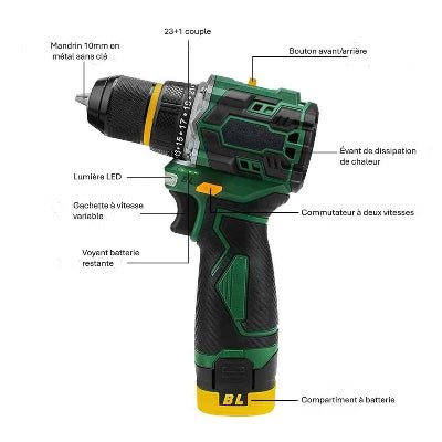 Perceuse visseuse sans fil description des différrentes parties de l'outil