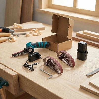 Ponceuse de précision avec accessoires sur un établi