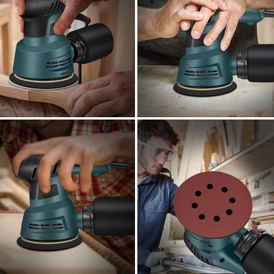 Quatre images de la ponceuse excentrique bleue tenue de différentes façons par un travailleur