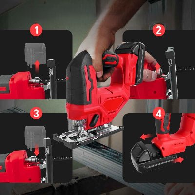 Scie sauteuse montrant l'installation du couvercle Ă poussiĂšre