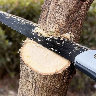 Scies à élaguer pliante blanche utilisée pour couper un petit arbre