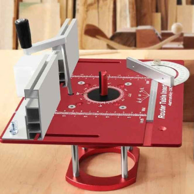 Table pour défonceuse rouge avec élévateur sur établi
