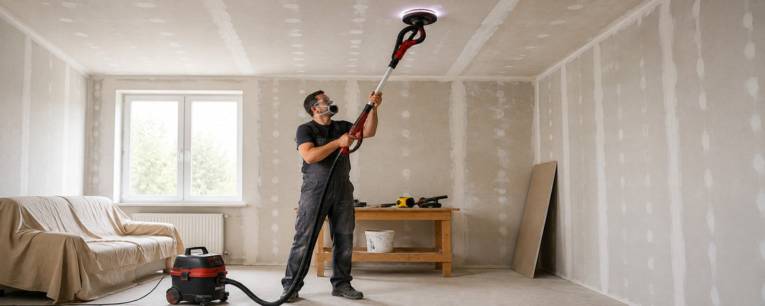 Homme utilisant une ponceuse girafe pour poncer un plafond en plaques de plâtre lors de travaux de rénovation