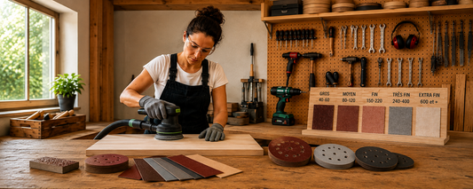 Femme ponçant une planche de bois avec une ponceuse, différents grains de papier abrasif dans l’atelier 