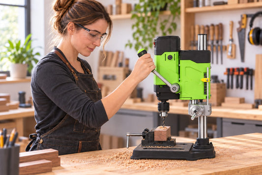 Femme utilisant une mini perceuse à colonne pour percer une pièce de bois maintenue dans un étau