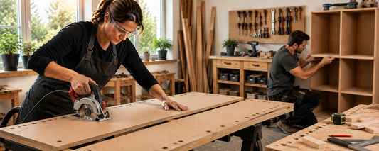 Femme utilisant une mini scie circulaire pour découper un panneau MDF dans un atelier