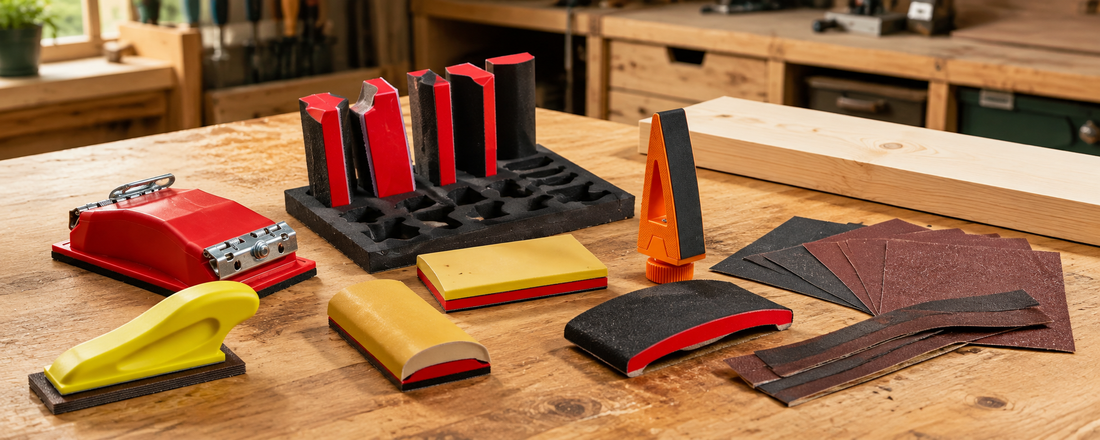Outils de ponçage manuel et abrasifs sur un établi de menuiserie