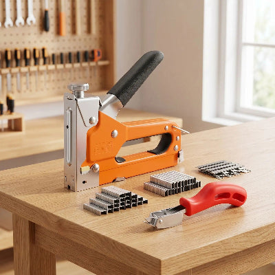 Agrafeuse bois orange sur table avec agrafes et accessoires