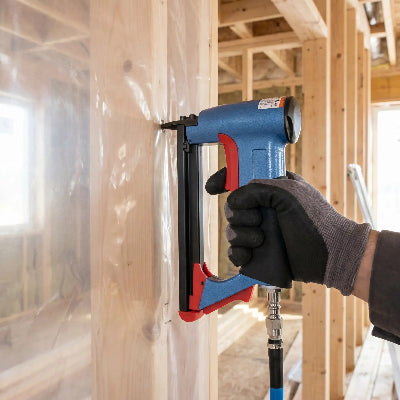 Agrafeuse pneumatique utilisée pour fixer coupe-vapeur sur mur construction