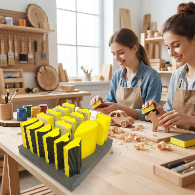 Blocs de ponçage sur établi et jeunes femmes ponçant des jouets en arrière plan