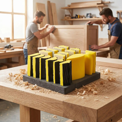 Blocs de ponçage jaunes sur établi et homme travaillant en arrière plan