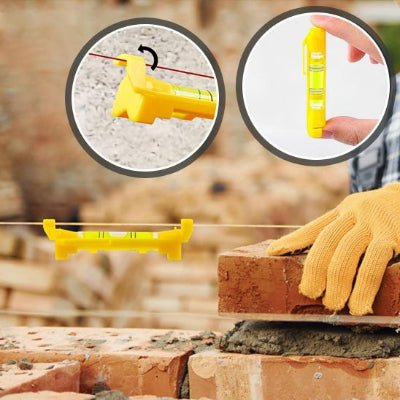 Bulle à niveau utilisation en briquelage et gros plan de l'accroche à un cordeau