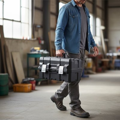 Caisse a outils homme transportant la caisse