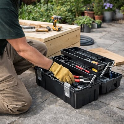 Caisse a outils homme y prenant un outil