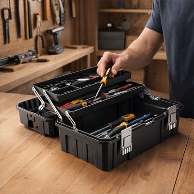 Caisse a outils sur établi et homme yprenant outil