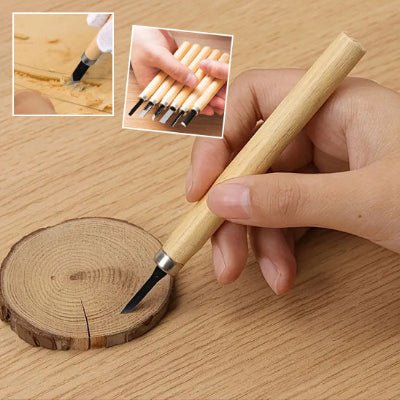 Ciseaux à bois et vue de l'ensemble des 6 couteaux