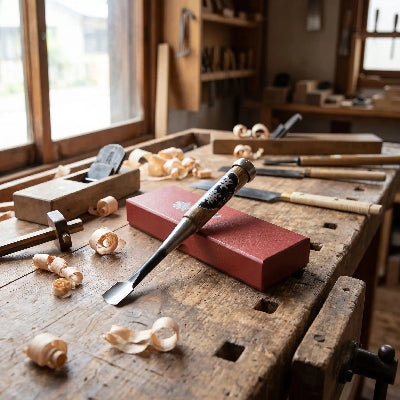 Ciseau a bois japonais avec boite de rangment sur table
