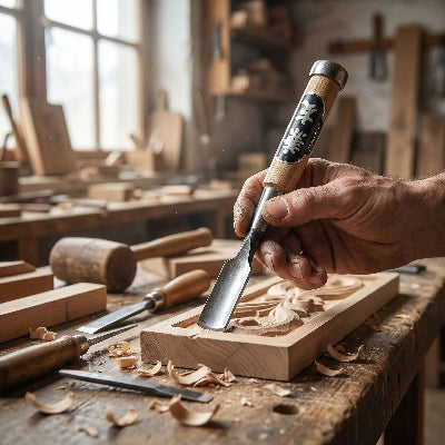 Ciseau a bois japonais utilisé par sculpteur dans atelier