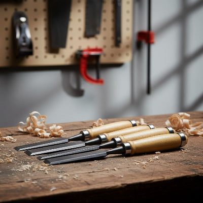 Ciseaux à bois sur établi en atelier de menuiserie
