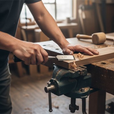 Ciseaux à bois utilisé sur une planche de bois