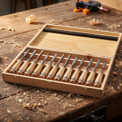 Coffret de ciseaux à bois sur un établi