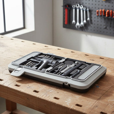 Coffret perceuse et visseuse sans fil sur table de travail