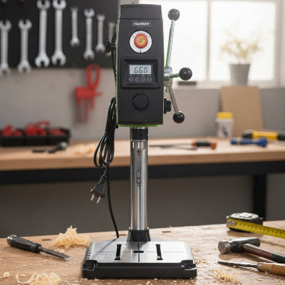 Colonne mini perceuse sur établi de menuisier