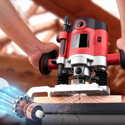 Défonceuse professionnelle 2100W utilisation bois et vue moteur cuivre