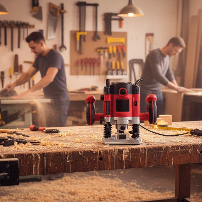 Défonceuse professionnelle en atelier de menuiserie