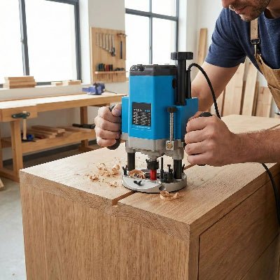 Défonceuse professionnelle utilisée par un menuisier pour raiurer un meuble