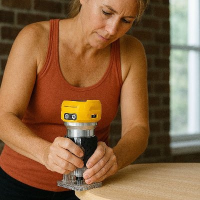 Défonceuse utilisée pour chanfreiner une table ronde