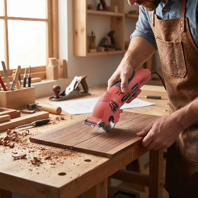 Ébéniste utilisant la mini-scie-circulaire sur bois précieux