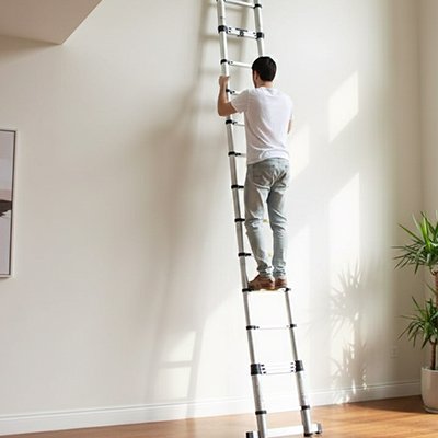 Échelle télescopique homme travaillant en hauteur sur mur