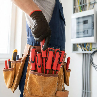 Ensemble 6 tournevis aimantés portés dans sac à outils par électricien