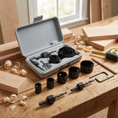 Ensemble scie à cloche 11 pièces noir sur établi de menuiserie 