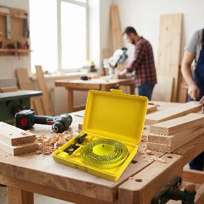 Ensemble scie cloche jaune dans atelier de menuiserie