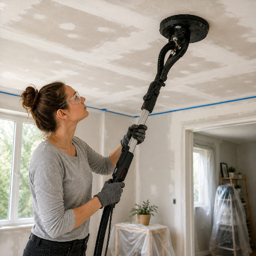 Femme bricolant chez elle et ponçant le plafond avec la ponceuse girafe