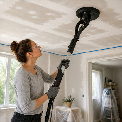 Femme bricolant chez elle et ponçant le plafond avec la ponceuse girafe