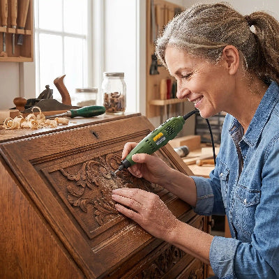 Femme restauant un secrétaire ancien avec la ponceuse de précision