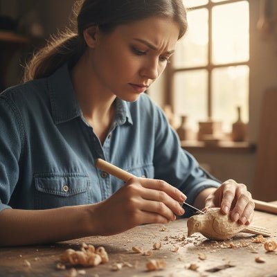 Femme sculptant pièce de bois avec un ciseau à bois
