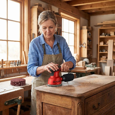 Femme utilisant la ponceuse excentrique pour ponçer un meuble ancien