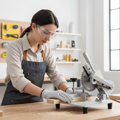 Femme utilisant la scie circulaire table
