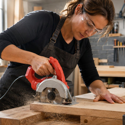Femme utilisant une mini scie circulaire filaire pour couper une planche de bois