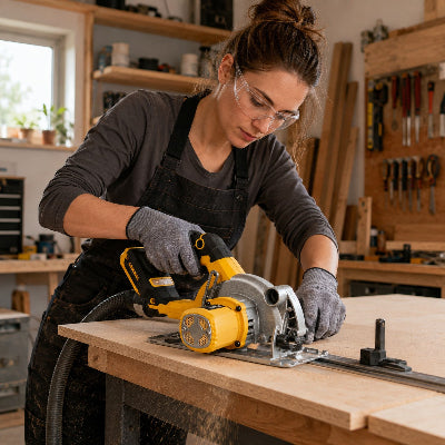 Femme utilisant la mini scie circulaire sans fin PowerPro pour scier une planche de bois