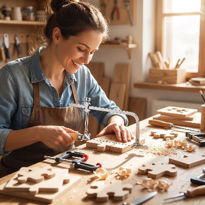 Femme utilisant la scie de précision bois pour découper des puzzles 