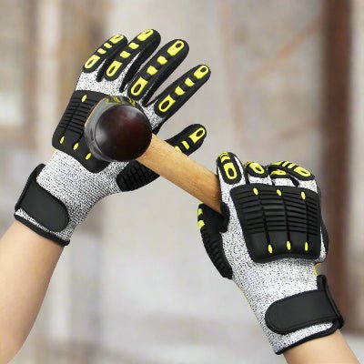 Un homme simulant un coup de maillet sur la main portant un gant de travail gris 