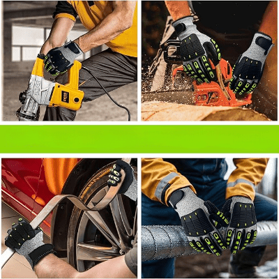 Différents travailleurs, mécanicien, ferblantier, menuisiers portant des gants de travail gris 