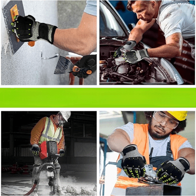 Différents types de travailleurs, plâtrier, mécanicien, homme avec marteau piqueue, ferblantier, portant des gants de travail gris 